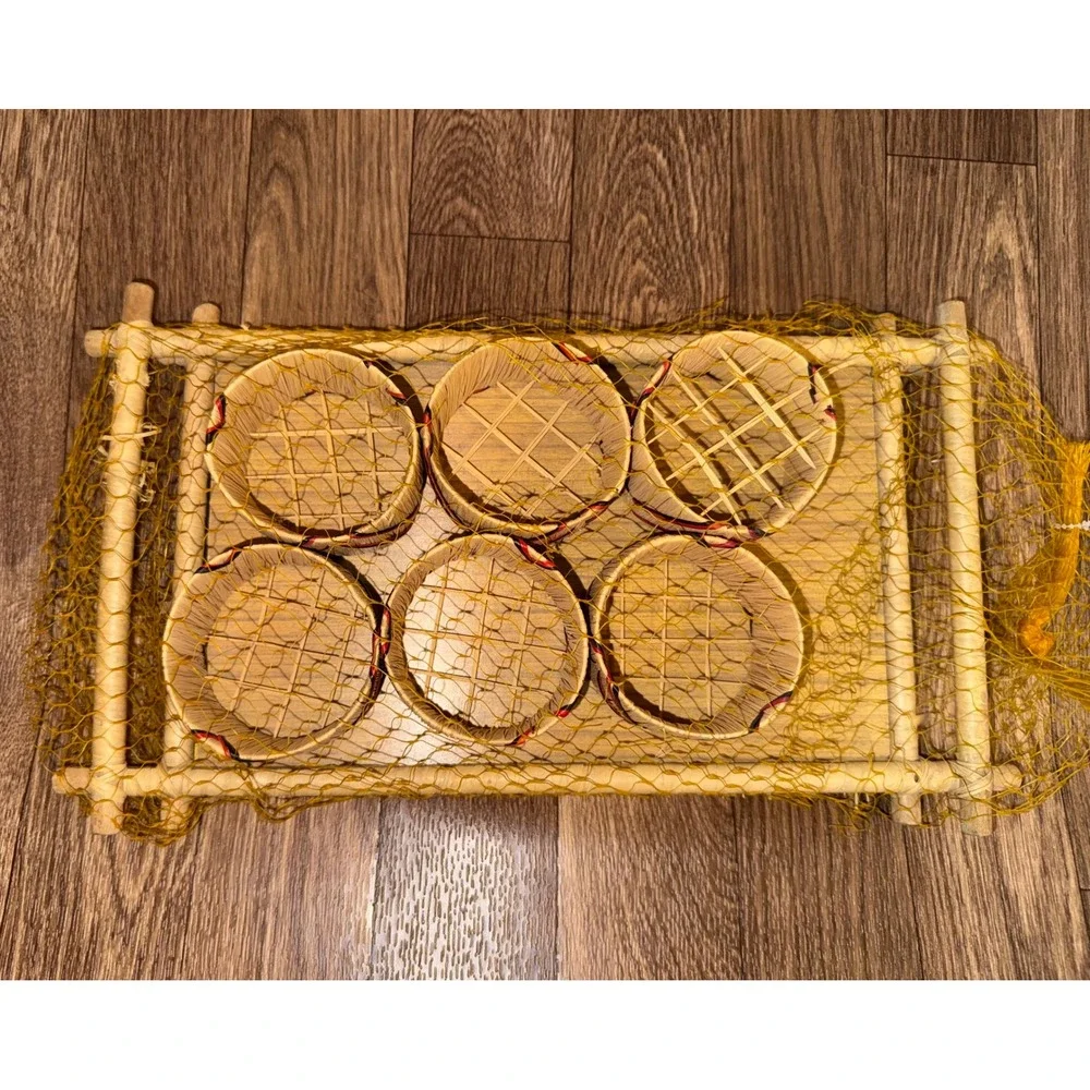 Vintage Tiki Bar Set 6 Woven Grass Cups Bamboo Tray Yellow Netting Tropical Luau